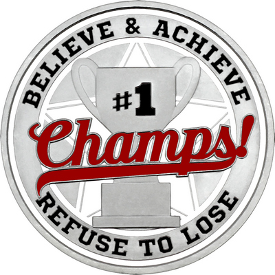 Maroon "Champs!" with White Outer Circular Borders